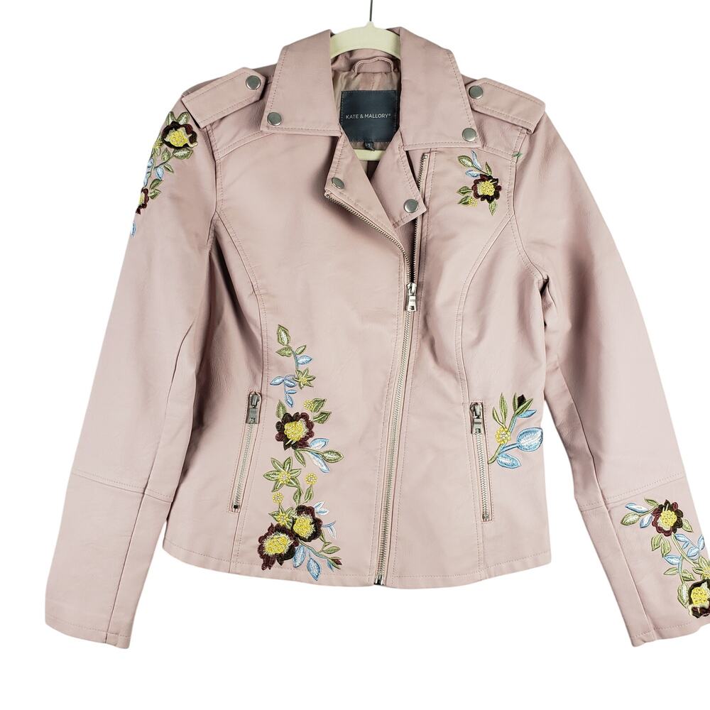 Kate & Mallory Women's S Floral‎ Embroidered Moto Jacket Light Pink Faux Leather